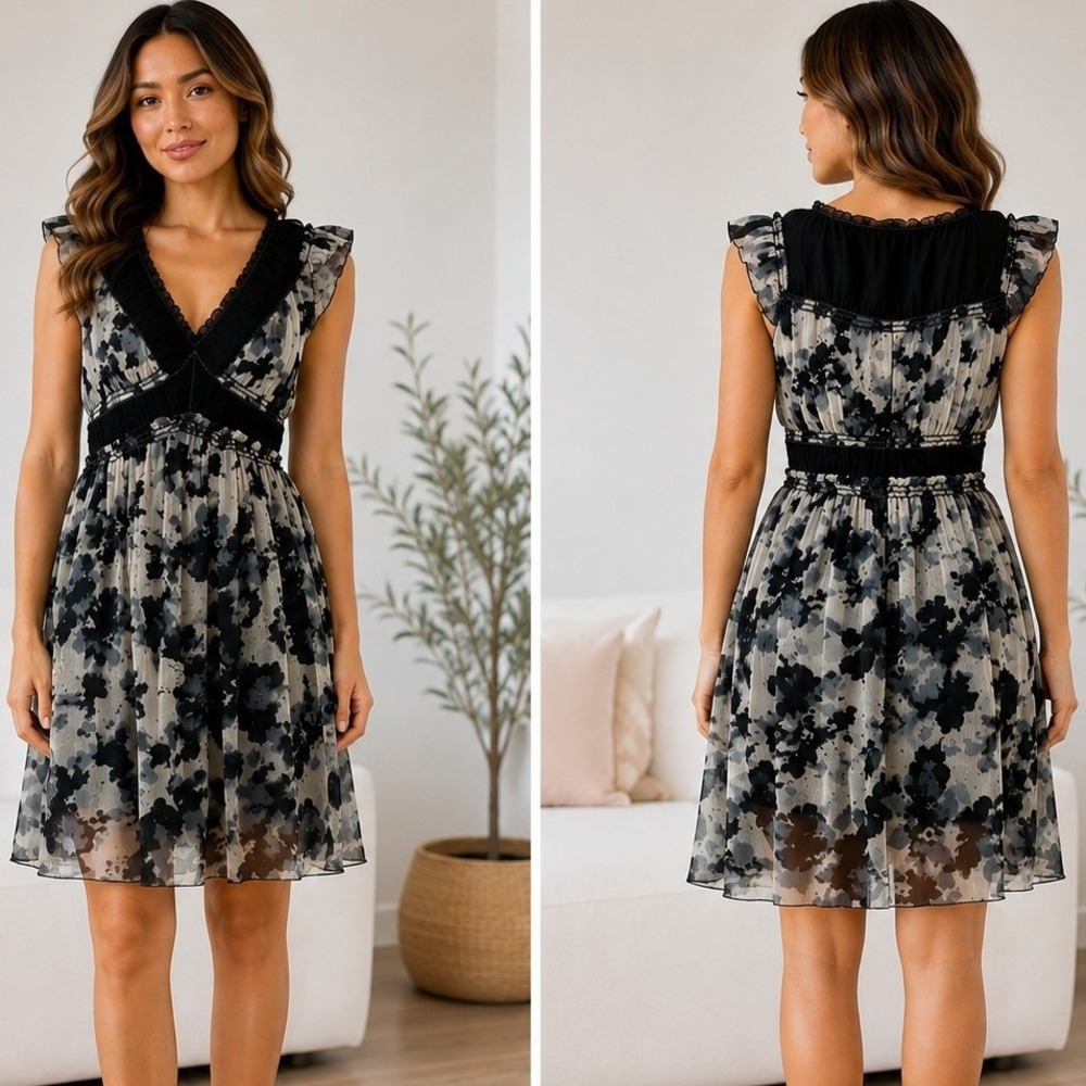 Leon Max Limited Edition Dress Medium Black White Silk Floral Ruffle A103Y54